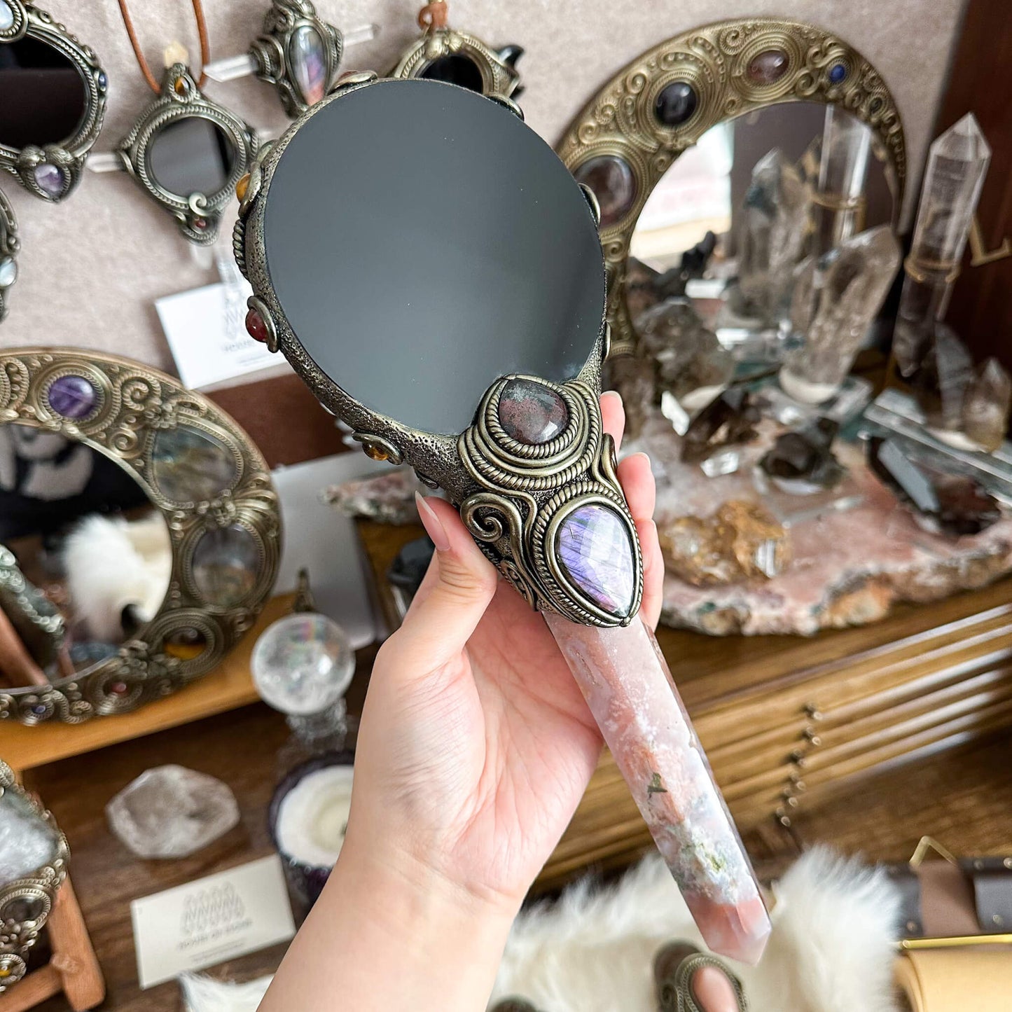 Handmade Natural Black Obsidian Mirror/Magic Flower Agate Witch Wand/Crystal Quartz Wand/Scrying Mirror Wand/Root Chakra/Manifest Altar Tool