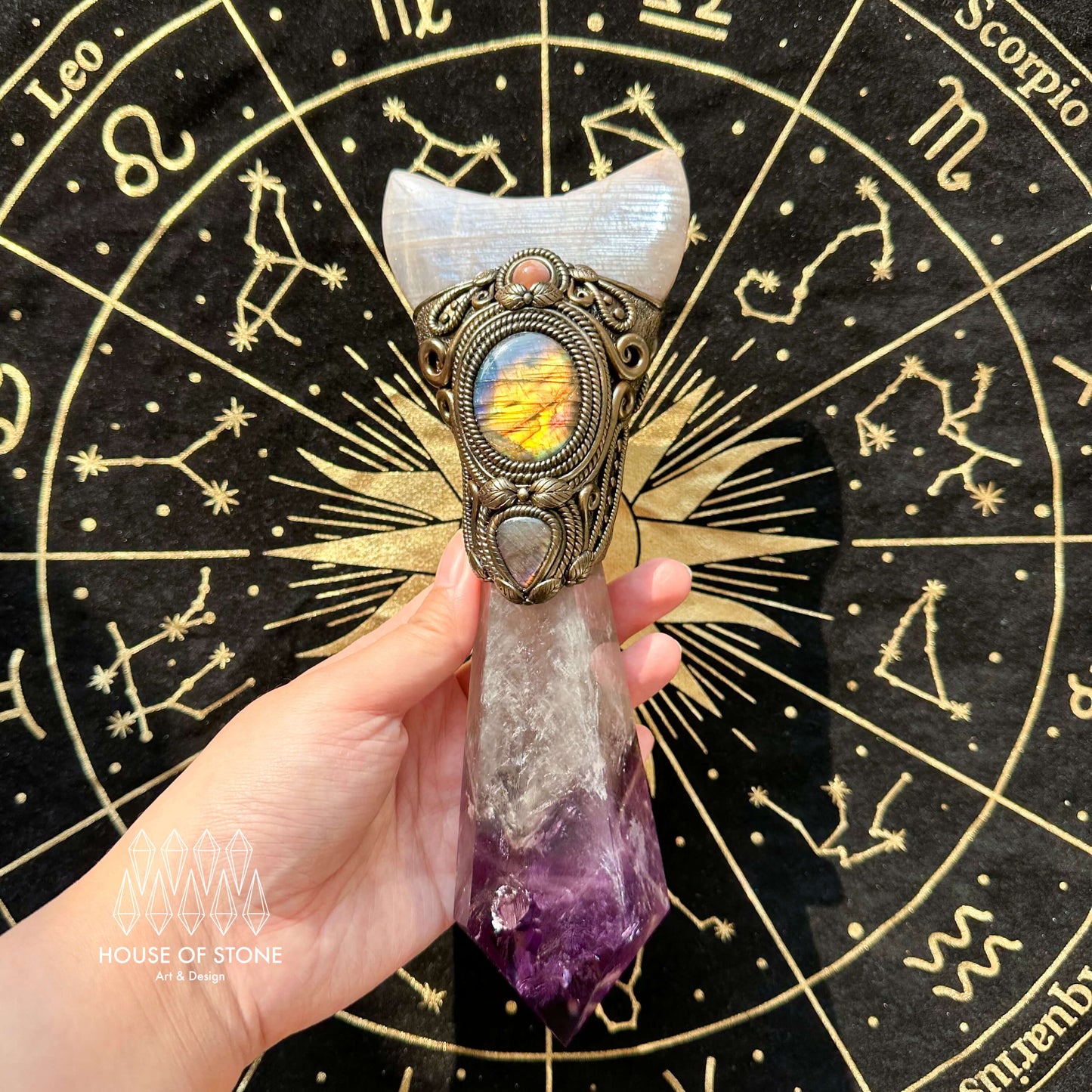 Natural Handmade Amethyst Crystal Quartz Wand/Magic Witch Crystal Wand/Moonstone Amethyst Labradorite Wand/Chakra/Manifest Altar Tool