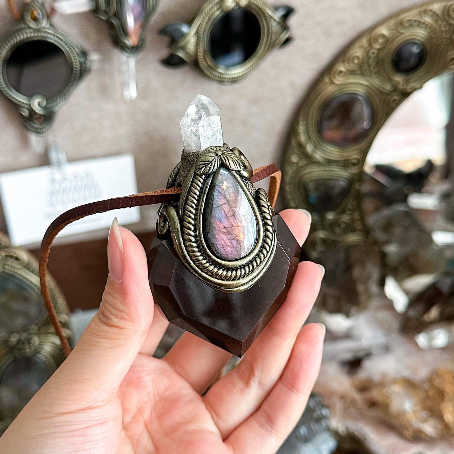 Handmade Natural Smoky Quartz Necklace/Magic Herkimer Dianmond Quartz Crystal Protection Pendant/Labradorite Jewelry/Root Chakra/Altar Tool