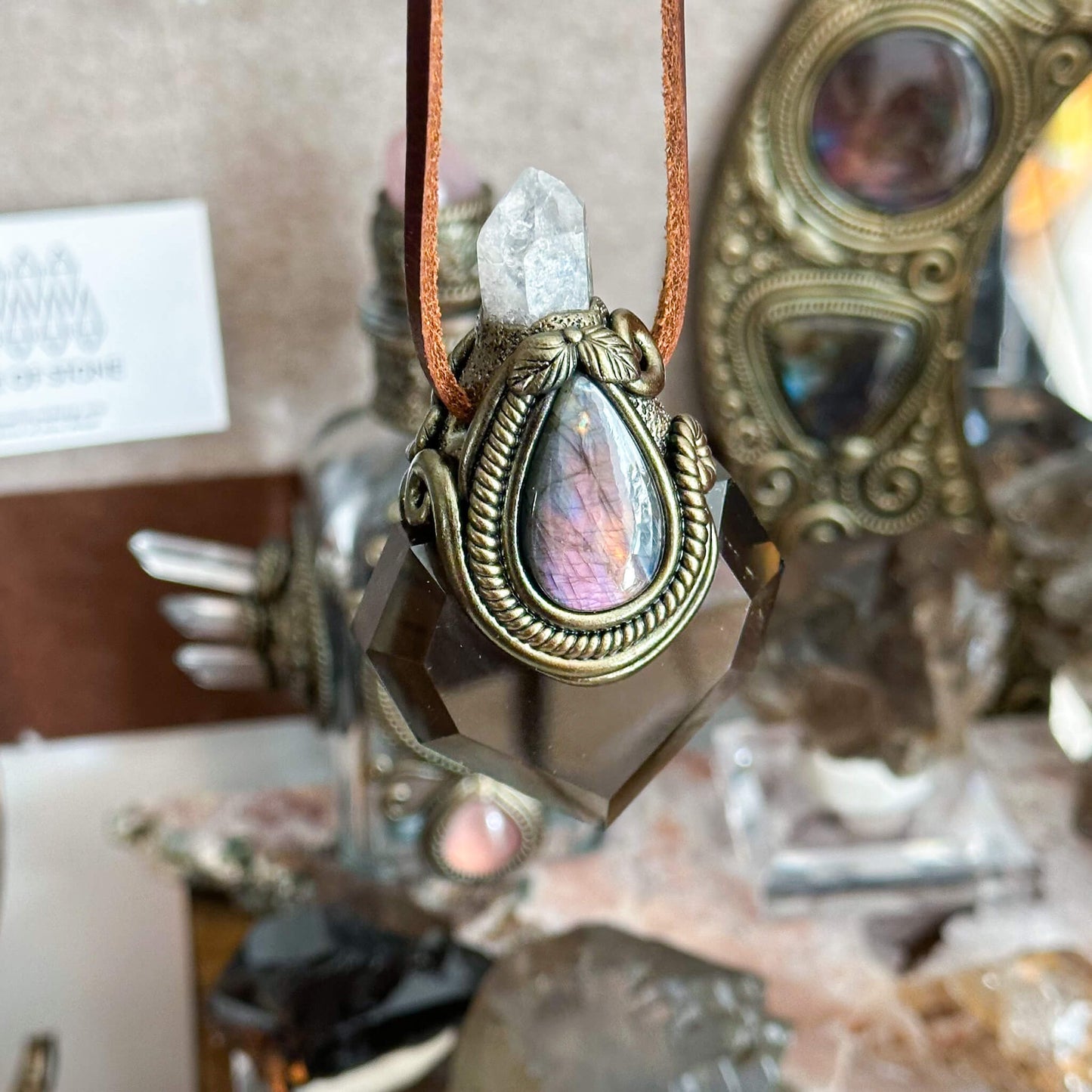 Handmade Natural Smoky Quartz Necklace/Magic Herkimer Dianmond Quartz Crystal Protection Pendant/Labradorite Jewelry/Root Chakra/Altar Tool