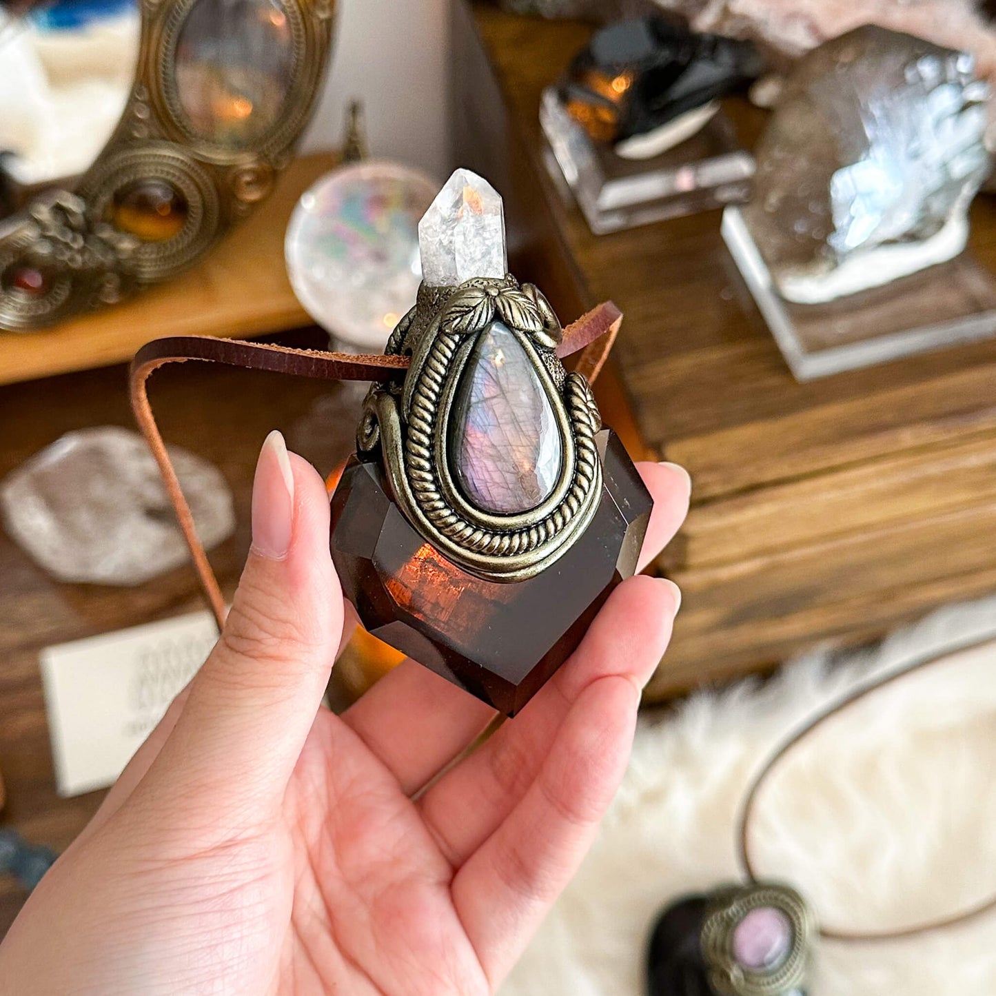 Handmade Natural Smoky Quartz Necklace/Magic Herkimer Dianmond Quartz Crystal Protection Pendant/Labradorite Jewelry/Root Chakra/Altar Tool