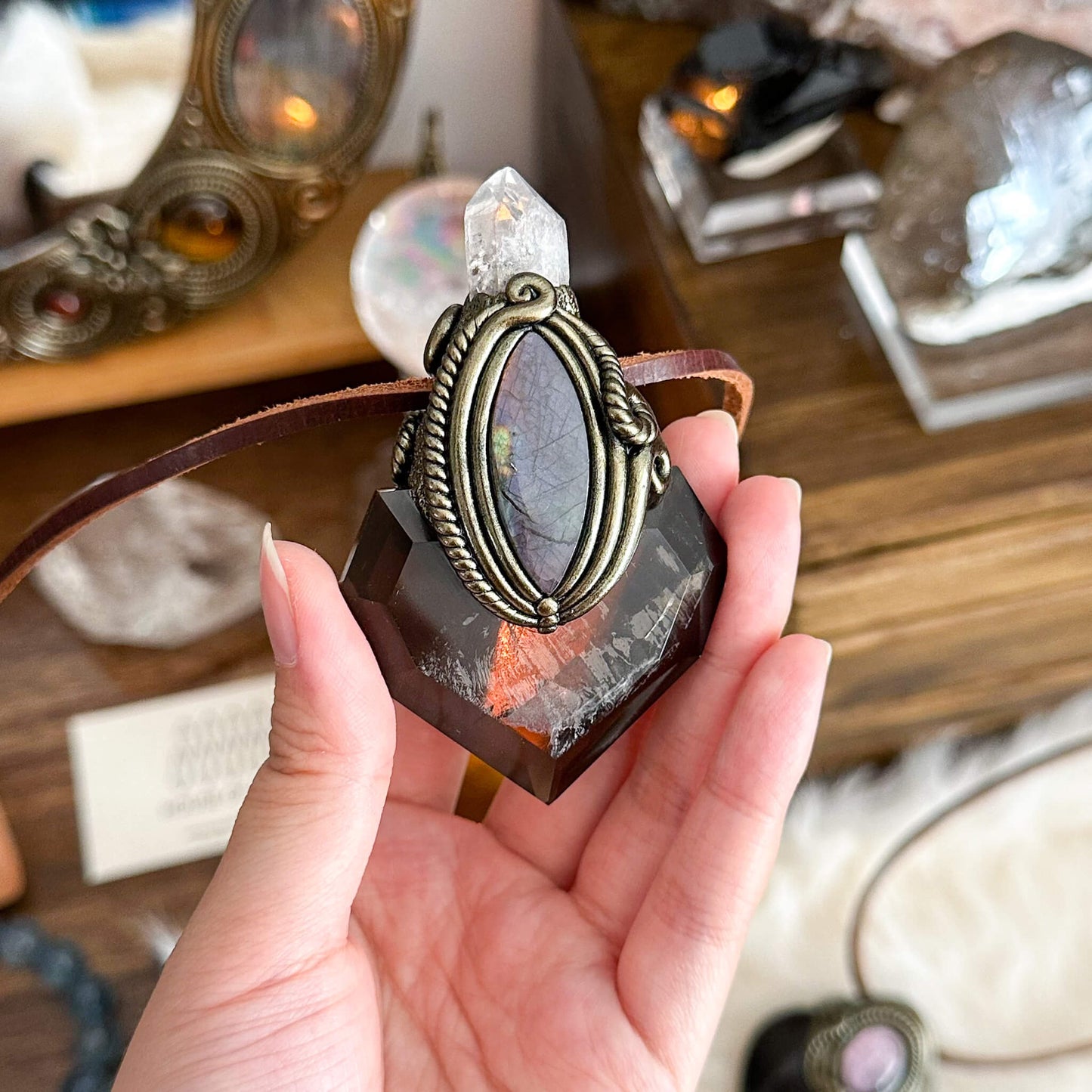 Handmade Natural Smoky Quartz Necklace/Magic Herkimer Dianmond Quartz Crystal Protection Pendant/Labradorite Jewelry/Root Chakra/Altar Tool