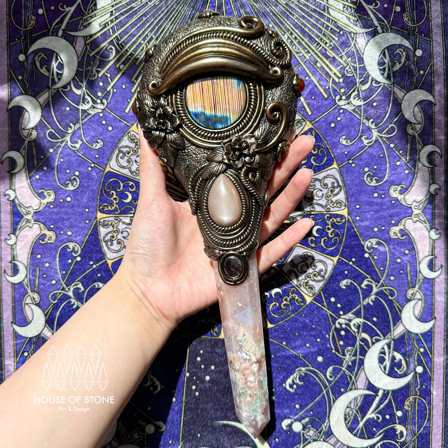 Handmade Natural Black Obsidian Mirror/Magic Flower Agate Witch Wand/Crystal Quartz Wand/Scrying Mirror Wand/Root Chakra/Manifest Altar Tool