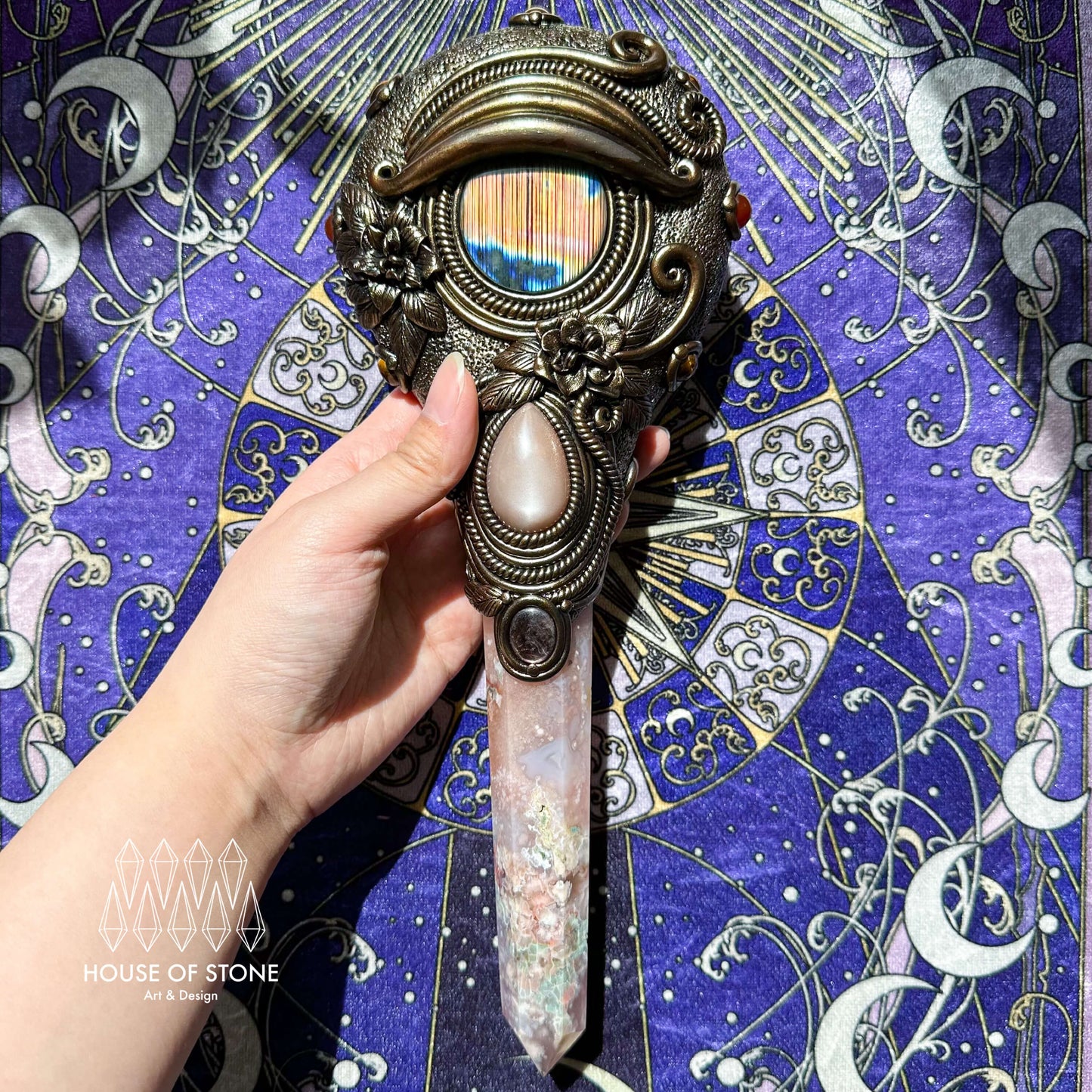 Handmade Natural Black Obsidian Mirror/Magic Flower Agate Witch Wand/Crystal Quartz Wand/Scrying Mirror Wand/Root Chakra/Manifest Altar Tool