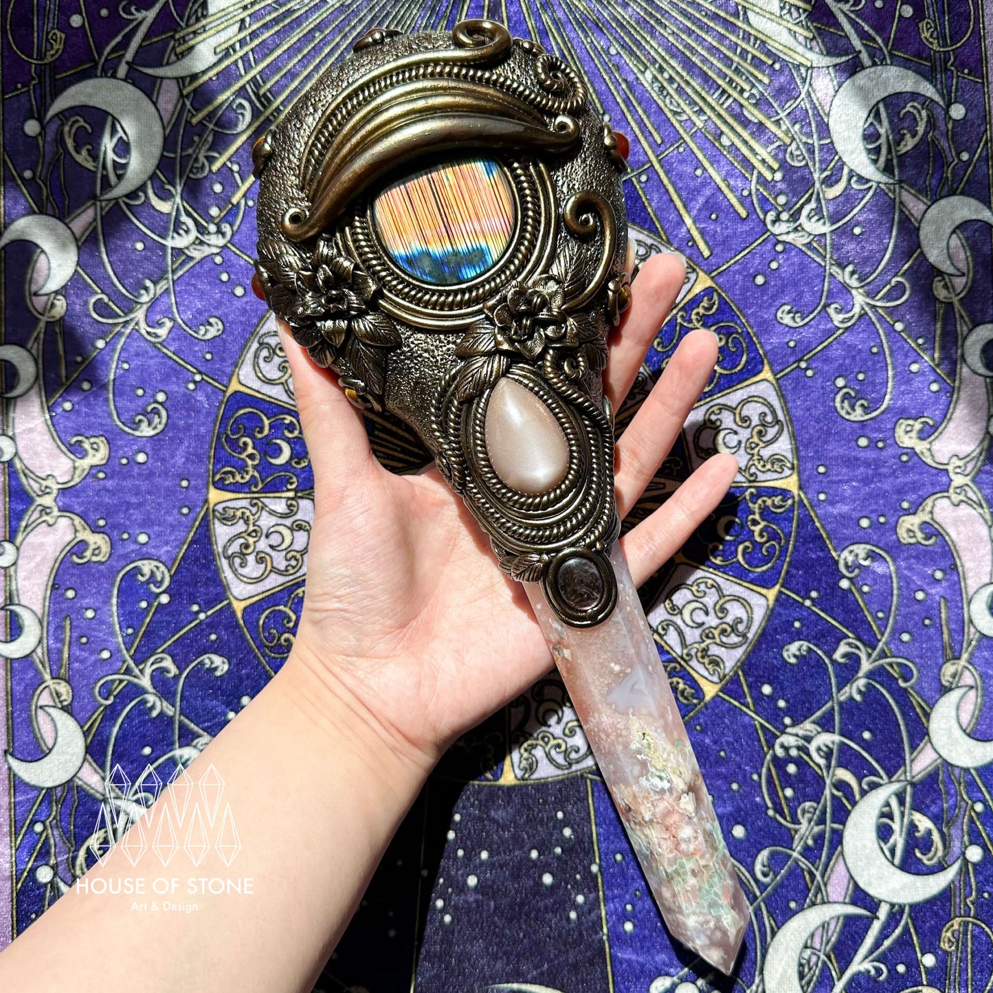 Handmade Natural Black Obsidian Mirror/Magic Flower Agate Witch Wand/Crystal Quartz Wand/Scrying Mirror Wand/Root Chakra/Manifest Altar Tool