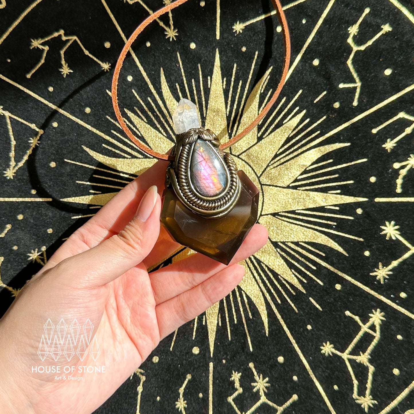 Handmade Natural Smoky Quartz Necklace/Magic Herkimer Dianmond Quartz Crystal Protection Pendant/Labradorite Jewelry/Root Chakra/Altar Tool