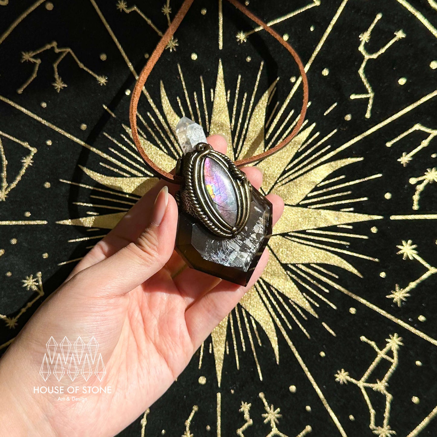 Handmade Natural Smoky Quartz Necklace/Magic Herkimer Dianmond Quartz Crystal Protection Pendant/Labradorite Jewelry/Root Chakra/Altar Tool