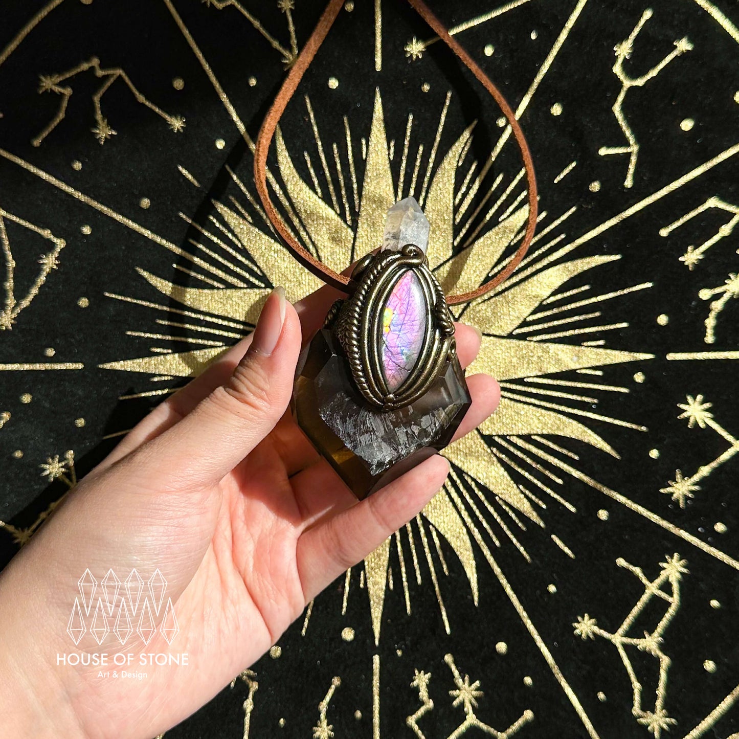 Handmade Natural Smoky Quartz Necklace/Magic Herkimer Dianmond Quartz Crystal Protection Pendant/Labradorite Jewelry/Root Chakra/Altar Tool