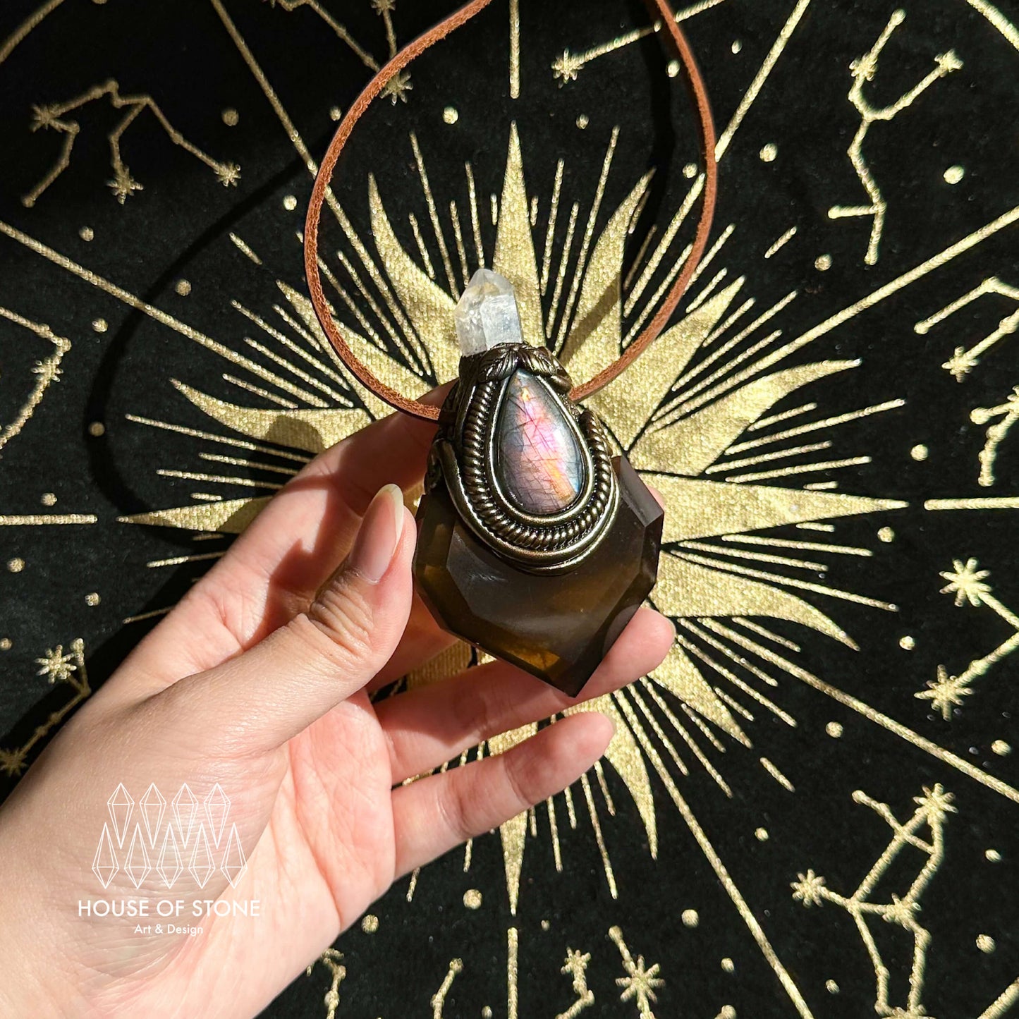 Handmade Natural Smoky Quartz Necklace/Magic Herkimer Dianmond Quartz Crystal Protection Pendant/Labradorite Jewelry/Root Chakra/Altar Tool
