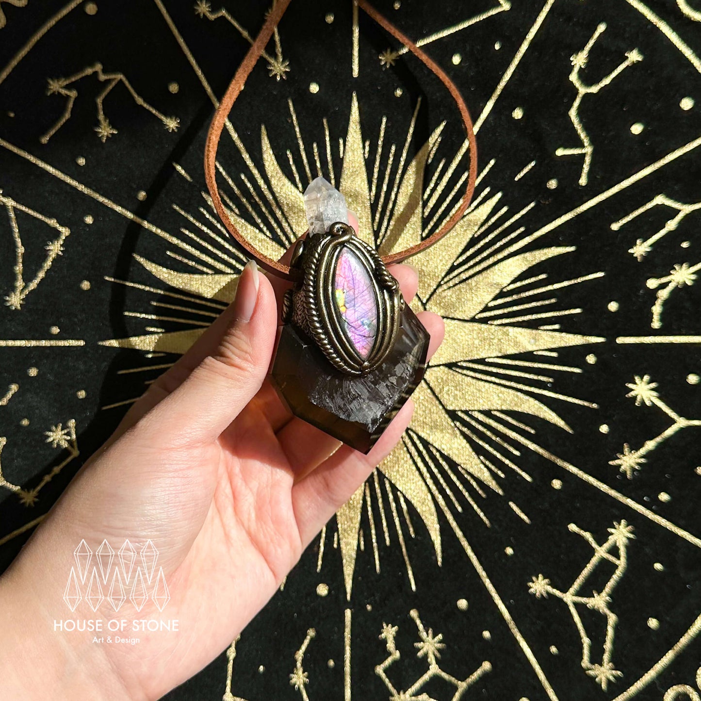 Handmade Natural Smoky Quartz Necklace/Magic Herkimer Dianmond Quartz Crystal Protection Pendant/Labradorite Jewelry/Root Chakra/Altar Tool