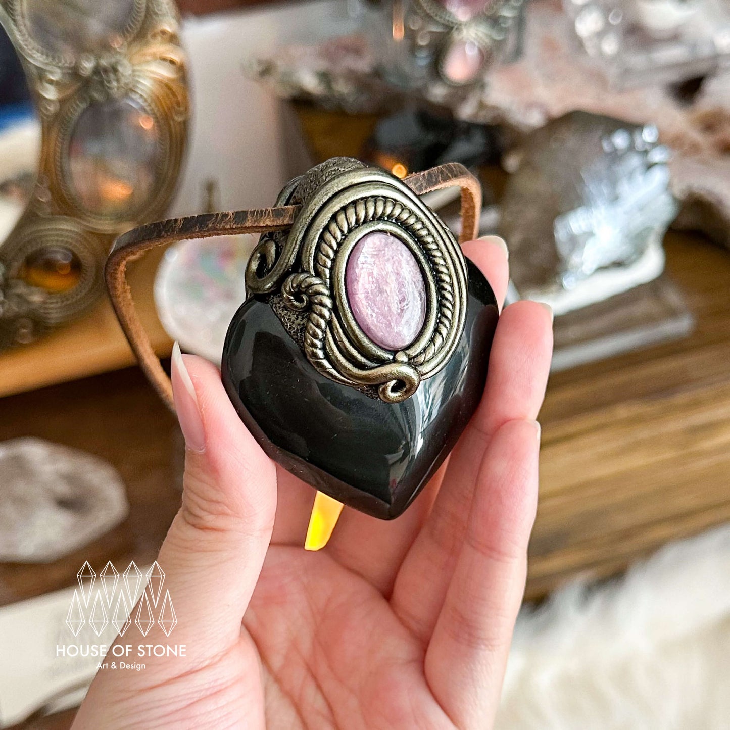 Handmade Natural Rainbow Obsidian Pendant Necklace/Magic Crystal Lepidolite Pendant/Talisman Protection Necklace/Root Chakra/Altar Tool