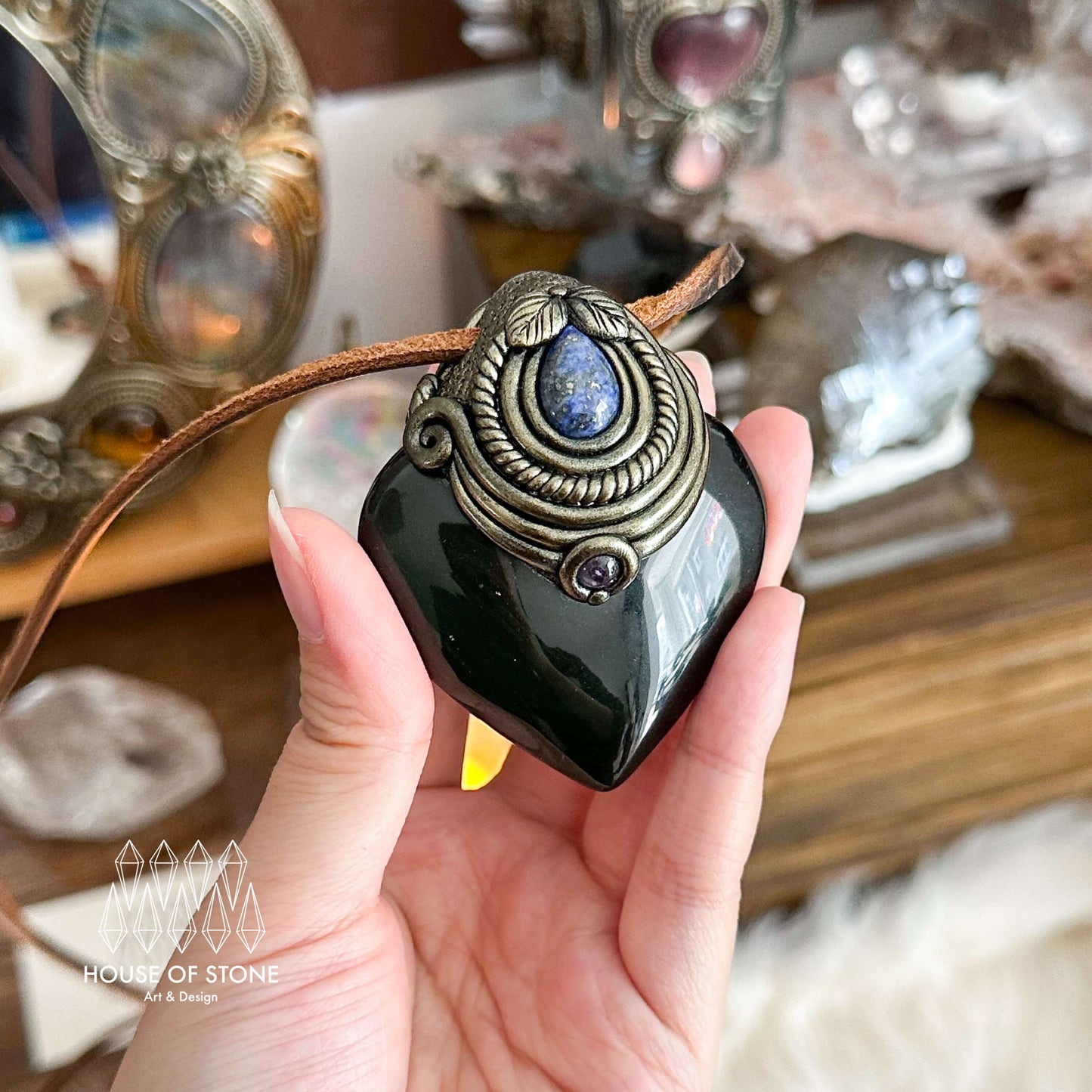 Handmade Natural Rainbow Obsidian Pendant Necklace/Magic Crystal Lepidolite Pendant/Talisman Protection Necklace/Root Chakra/Altar Tool
