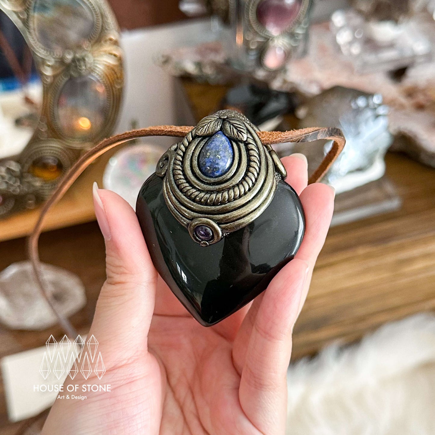 Handmade Natural Rainbow Obsidian Pendant Necklace/Magic Crystal Lepidolite Pendant/Talisman Protection Necklace/Root Chakra/Altar Tool