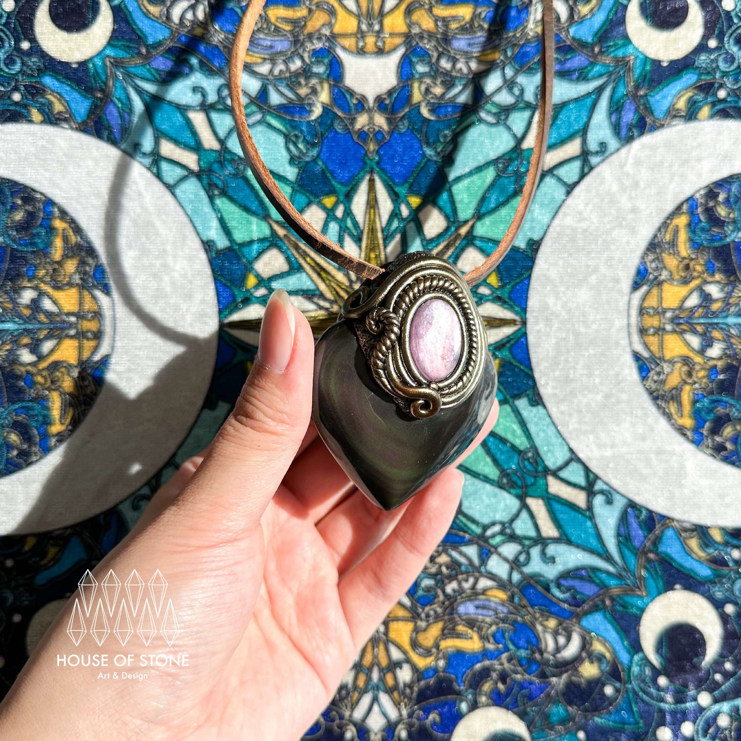 Handmade Natural Rainbow Obsidian Pendant Necklace/Magic Crystal Lepidolite Pendant/Talisman Protection Necklace/Root Chakra/Altar Tool