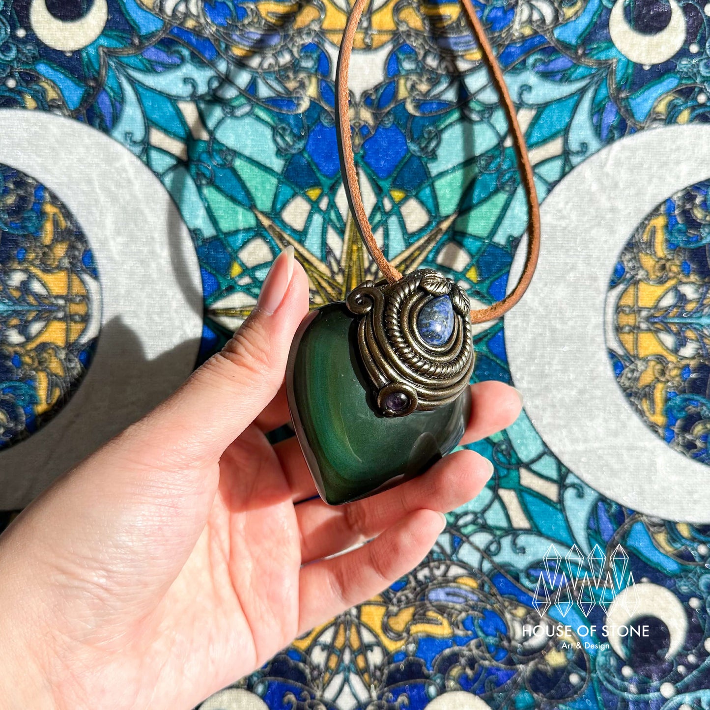 Handmade Natural Rainbow Obsidian Pendant Necklace/Magic Crystal Lepidolite Pendant/Talisman Protection Necklace/Root Chakra/Altar Tool