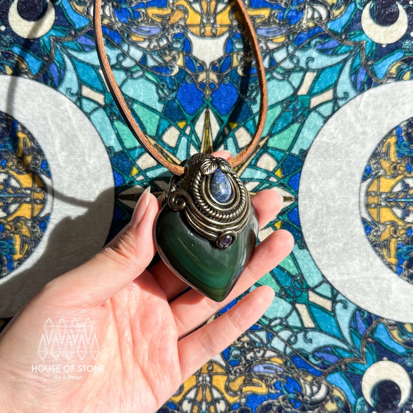 Handmade Natural Rainbow Obsidian Pendant Necklace/Magic Crystal Lepidolite Pendant/Talisman Protection Necklace/Root Chakra/Altar Tool