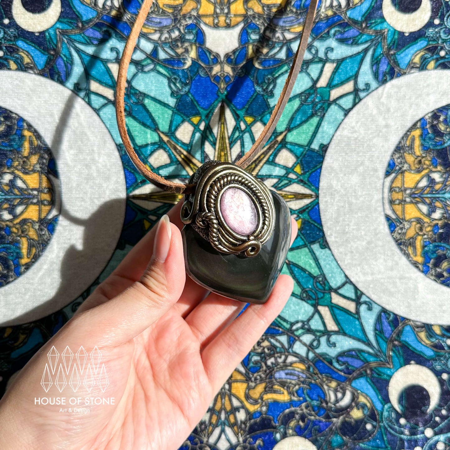 Handmade Natural Rainbow Obsidian Pendant Necklace/Magic Crystal Lepidolite Pendant/Talisman Protection Necklace/Root Chakra/Altar Tool
