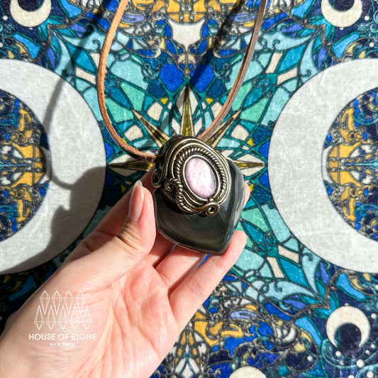 Handmade Natural Rainbow Obsidian Pendant Necklace/Magic Crystal Lepidolite Pendant/Talisman Protection Necklace/Root Chakra/Altar Tool
