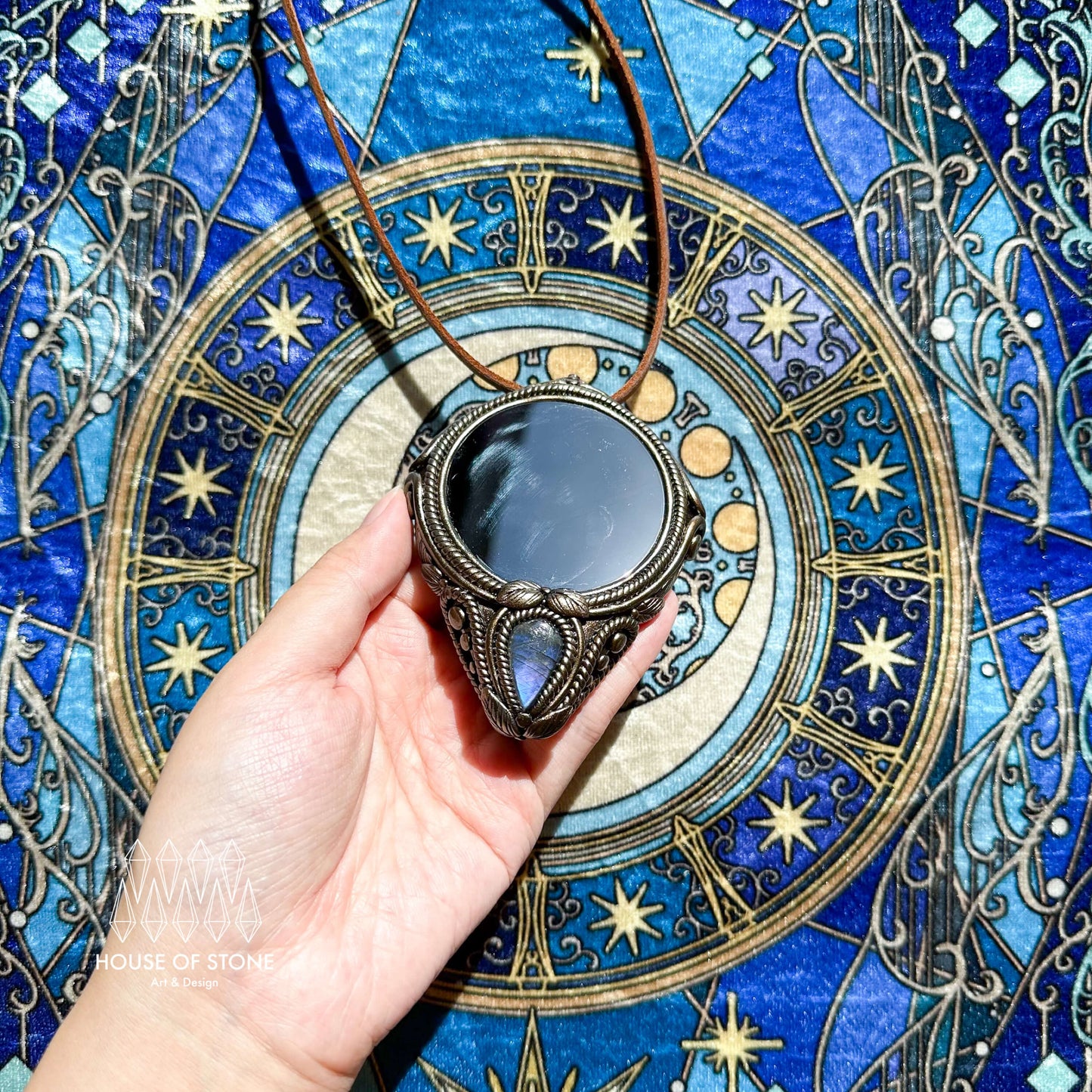 Natural Handmade Black Obsidian Pendant Necklace/Magic Obsidian Mirror Crystal Pendant/Scrying Mirror Labradorite Jewelry/Altar Tool
