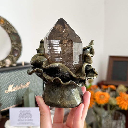 Alpine Mineral Large Smoky Quartz Point Specimen with Base/Mont Blanc France Tower Apls with Stand