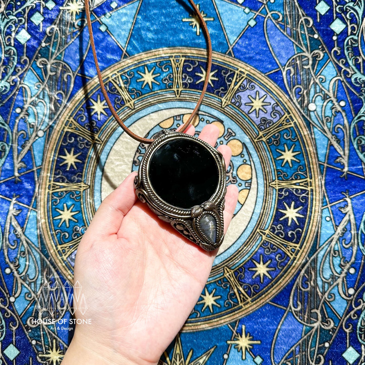 Natural Handmade Black Obsidian Pendant Necklace/Magic Obsidian Mirror Crystal Pendant/Scrying Mirror Labradorite Jewelry/Altar Tool