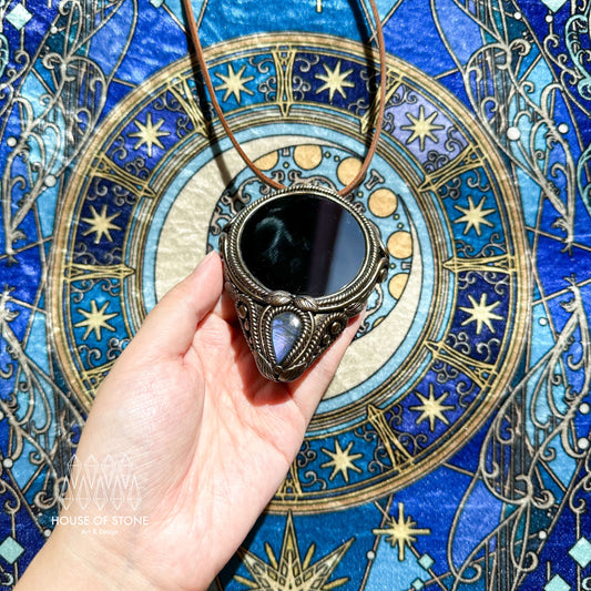 Natural Handmade Black Obsidian Pendant Necklace/Magic Obsidian Mirror Crystal Pendant/Scrying Mirror Labradorite Jewelry/Altar Tool