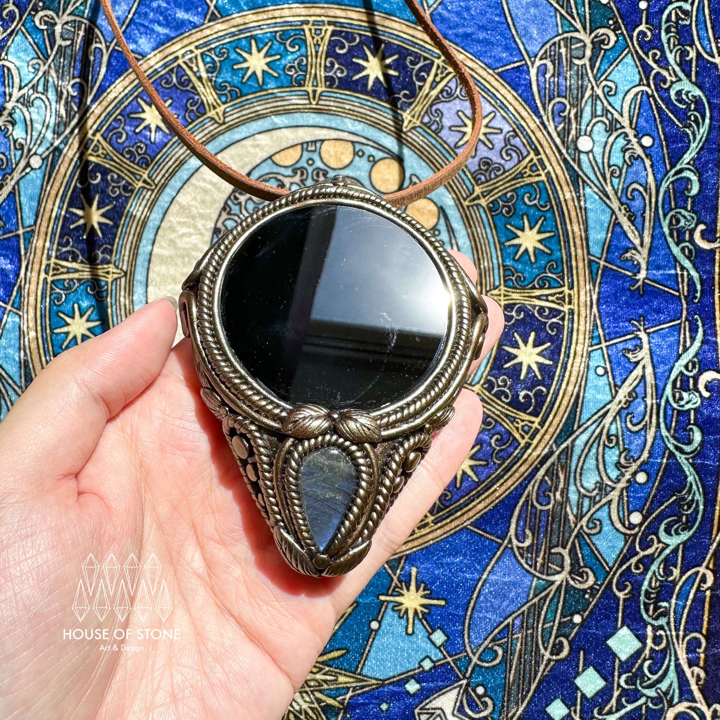 Natural Handmade Black Obsidian Pendant Necklace/Magic Obsidian Mirror Crystal Pendant/Scrying Mirror Labradorite Jewelry/Altar Tool