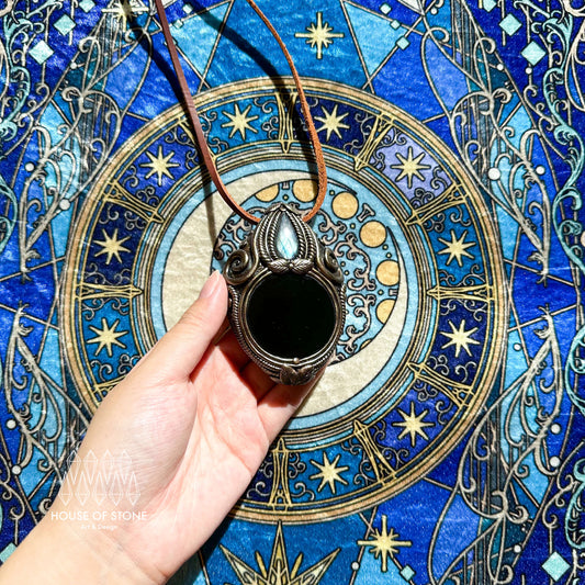 Natural Handmade Black Obsidian Pendant Necklace/Magic Obsidian Mirror Crystal Pendant/Scrying Mirror Labradorite Jewelry/Altar Tool