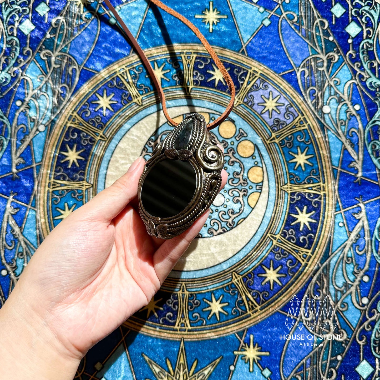 Natural Handmade Black Obsidian Pendant Necklace/Magic Obsidian Mirror Crystal Pendant/Scrying Mirror Labradorite Jewelry/Altar Tool