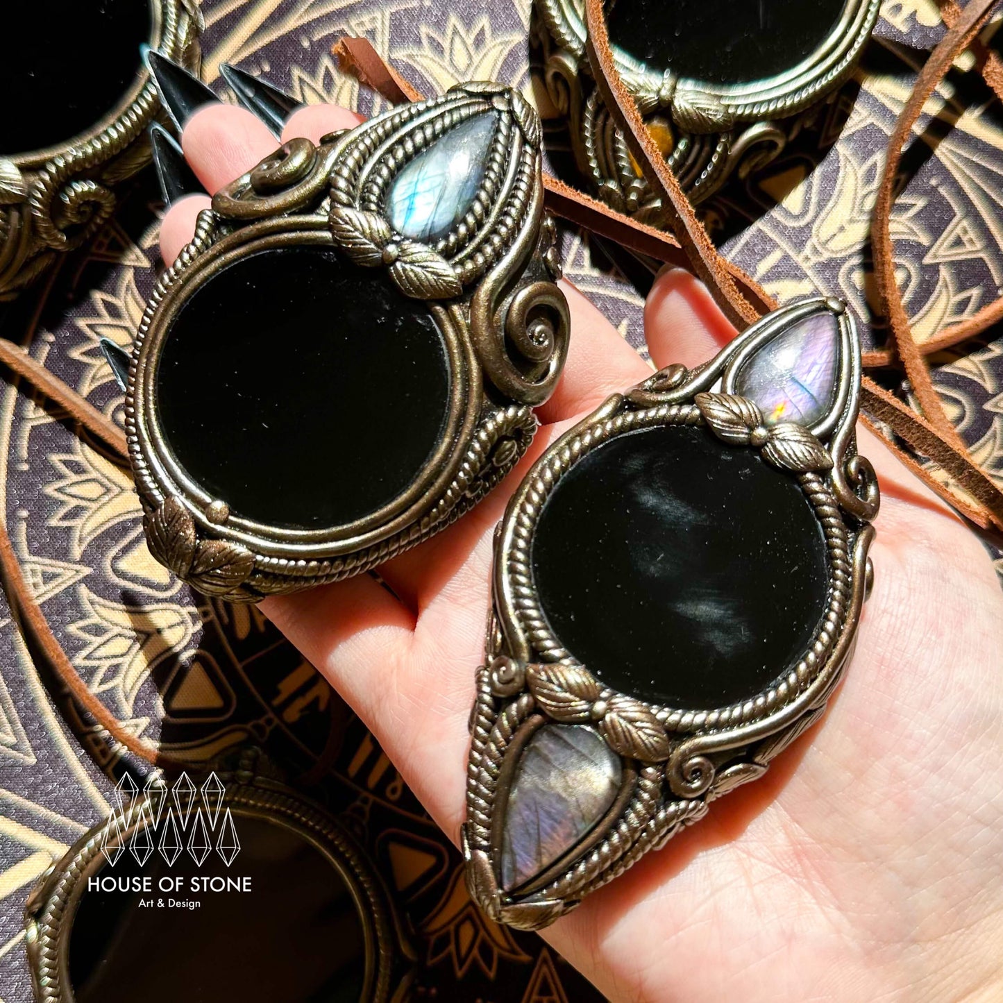 Natural Handmade Black Obsidian Pendant Necklace/Magic Obsidian Mirror Crystal Pendant/Scrying Mirror Labradorite Jewelry/Altar Tool
