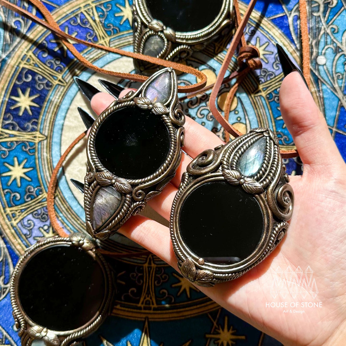 Natural Handmade Black Obsidian Pendant Necklace/Magic Obsidian Mirror Crystal Pendant/Scrying Mirror Labradorite Jewelry/Altar Tool