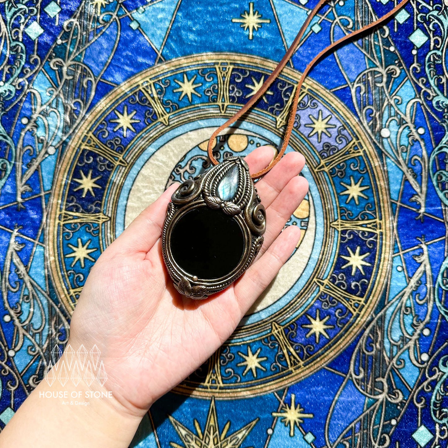 Natural Handmade Black Obsidian Pendant Necklace/Magic Obsidian Mirror Crystal Pendant/Scrying Mirror Labradorite Jewelry/Altar Tool