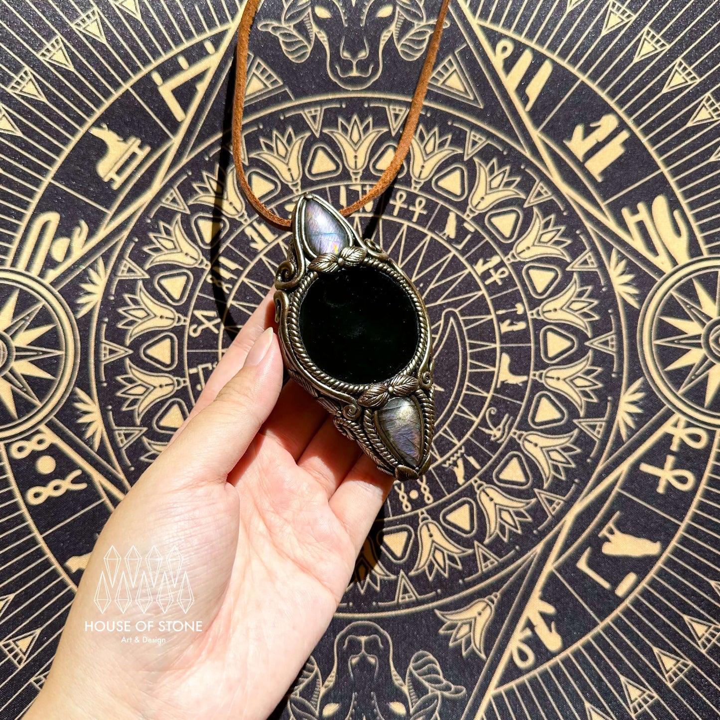 Natural Handmade Black Obsidian Pendant Necklace/Magic Obsidian Mirror Crystal Pendant/Scrying Mirror Labradorite Jewelry/Altar Tool