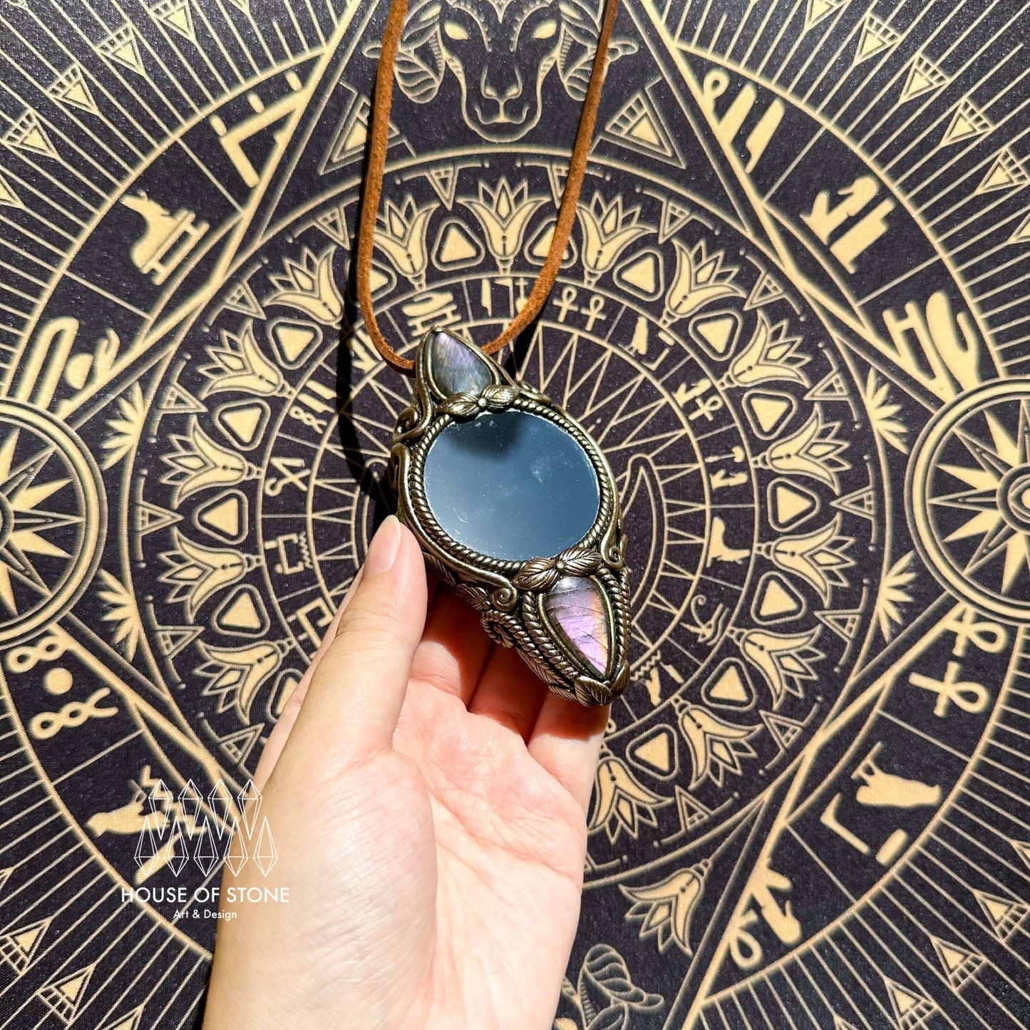 Natural Handmade Black Obsidian Pendant Necklace/Magic Obsidian Mirror Crystal Pendant/Scrying Mirror Labradorite Jewelry/Altar Tool