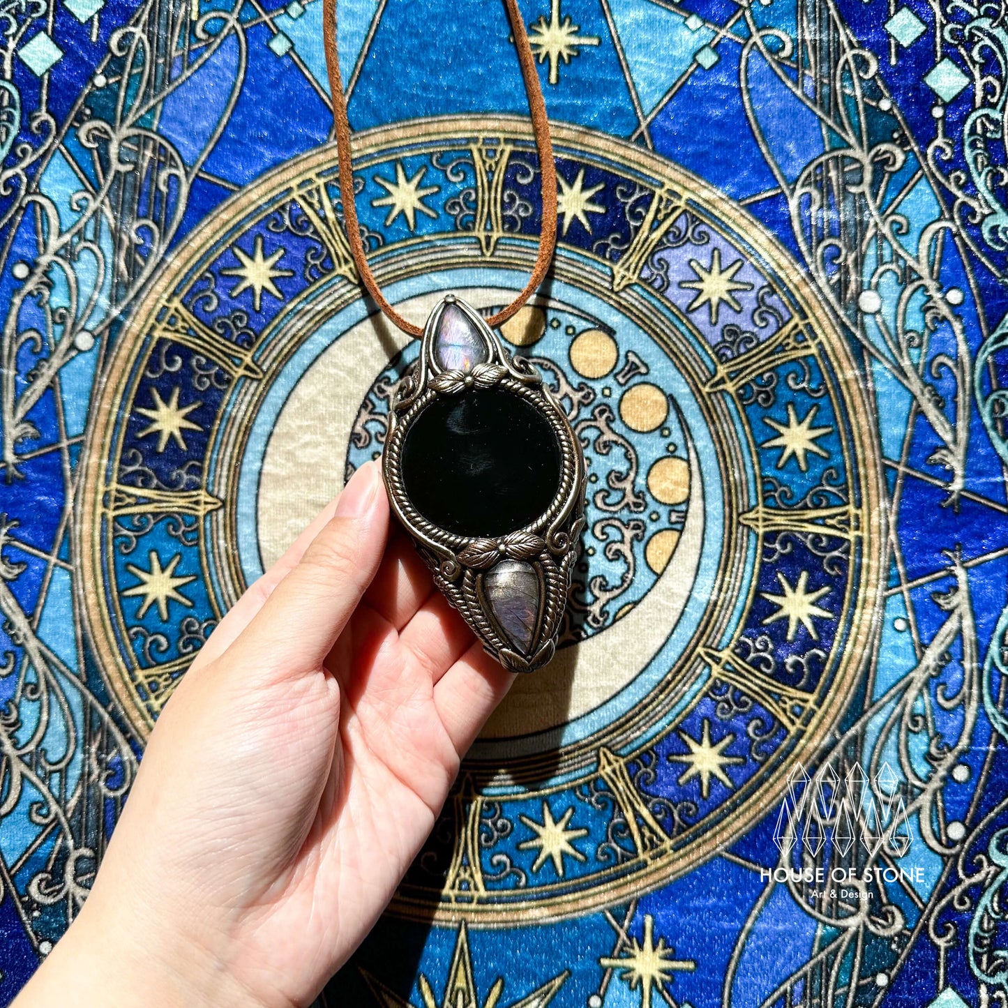 Natural Handmade Black Obsidian Pendant Necklace/Magic Obsidian Mirror Crystal Pendant/Scrying Mirror Labradorite Jewelry/Altar Tool