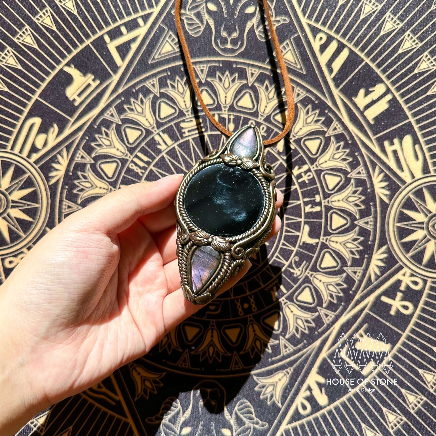 Natural Handmade Black Obsidian Pendant Necklace/Magic Obsidian Mirror Crystal Pendant/Scrying Mirror Labradorite Jewelry/Altar Tool