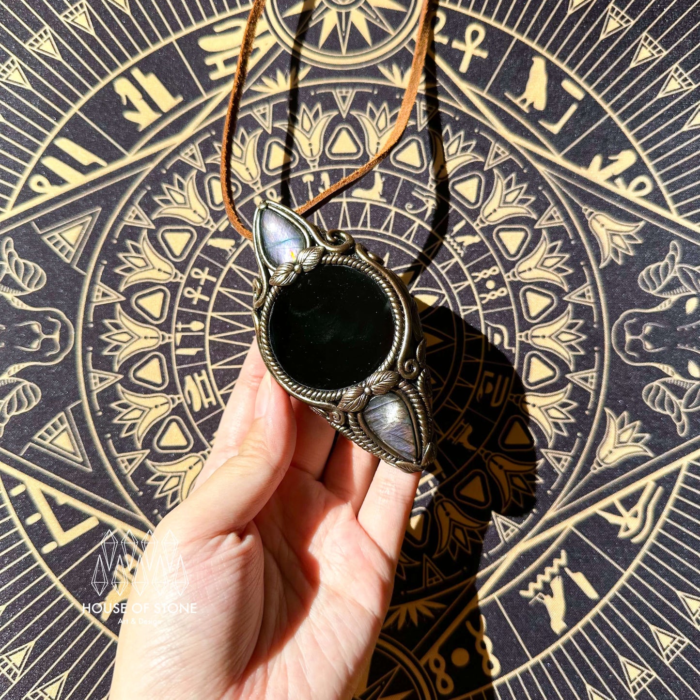 Natural Handmade Black Obsidian Pendant Necklace/Magic Obsidian Mirror Crystal Pendant/Scrying Mirror Labradorite Jewelry/Altar Tool
