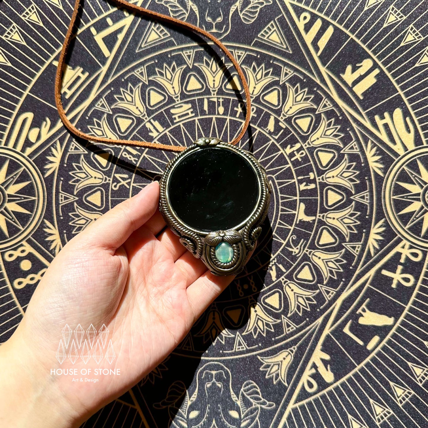 Natural Handmade Black Obsidian Pendant Necklace/Magic Obsidian Mirror Crystal Pendant/Scrying Mirror Abalone Shell Jewelry/Altar Tool