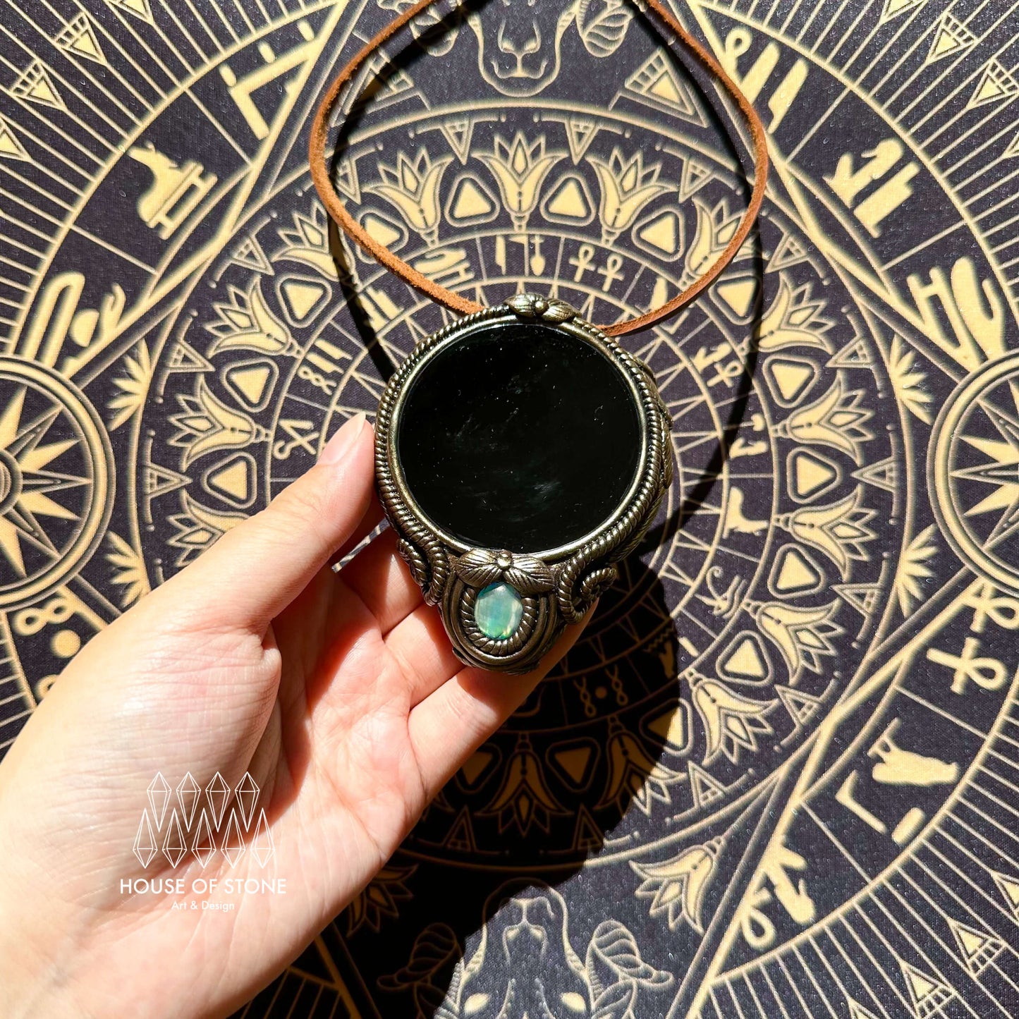 Natural Handmade Black Obsidian Pendant Necklace/Magic Obsidian Mirror Crystal Pendant/Scrying Mirror Abalone Shell Jewelry/Altar Tool