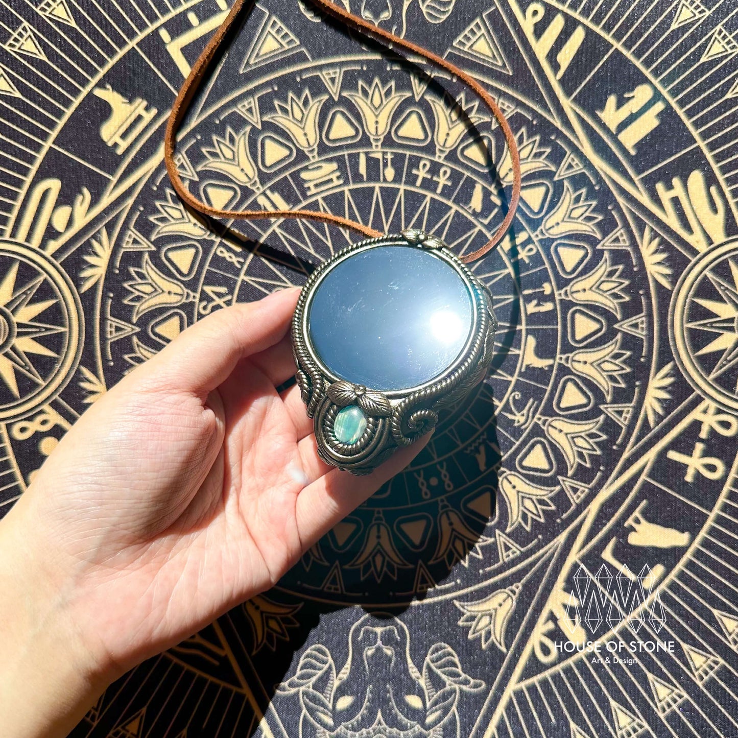 Natural Handmade Black Obsidian Pendant Necklace/Magic Obsidian Mirror Crystal Pendant/Scrying Mirror Abalone Shell Jewelry/Altar Tool