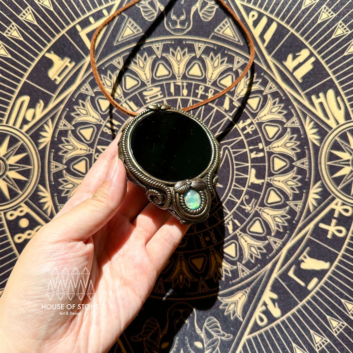 Natural Handmade Black Obsidian Pendant Necklace/Magic Obsidian Mirror Crystal Pendant/Scrying Mirror Abalone Shell Jewelry/Altar Tool