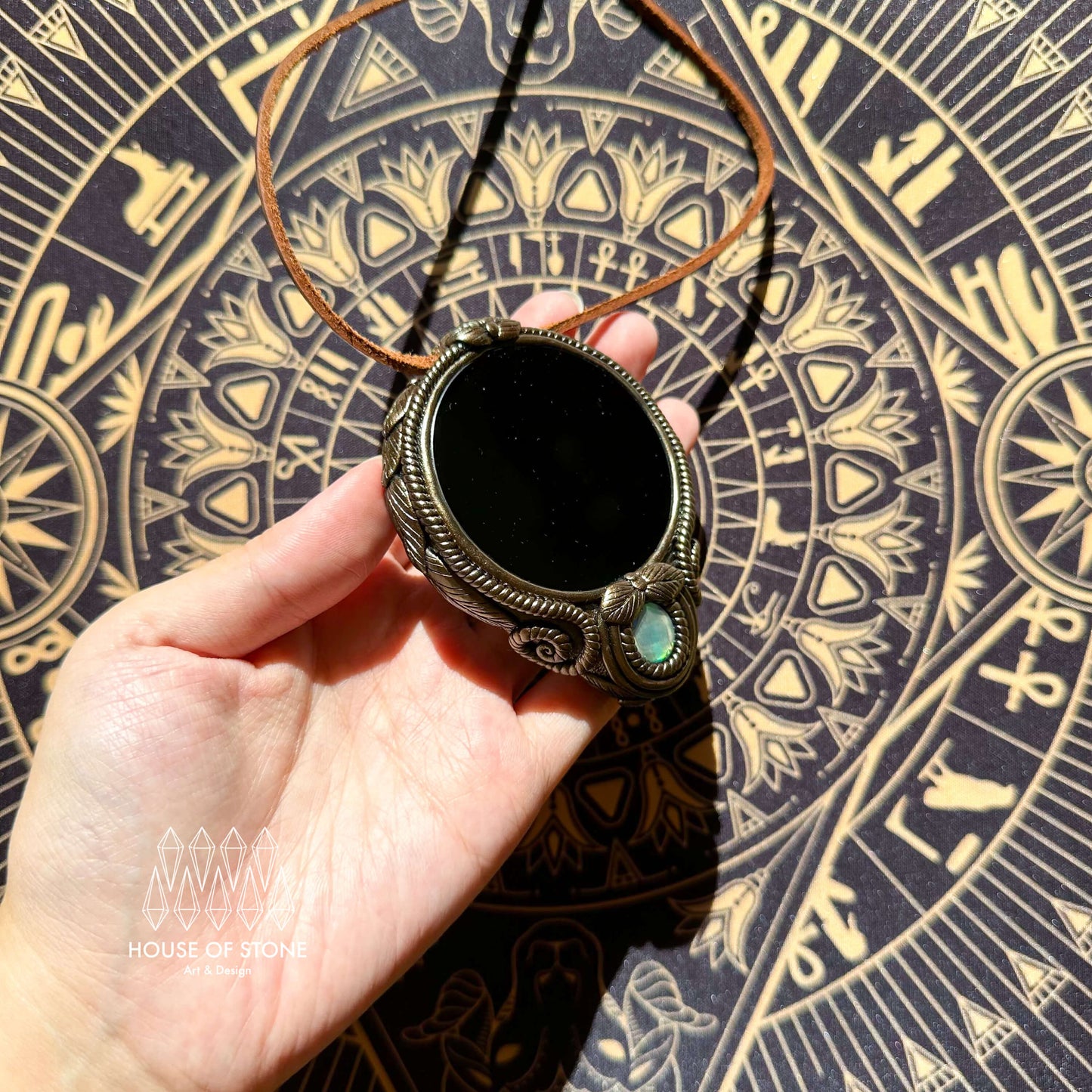 Natural Handmade Black Obsidian Pendant Necklace/Magic Obsidian Mirror Crystal Pendant/Scrying Mirror Abalone Shell Jewelry/Altar Tool