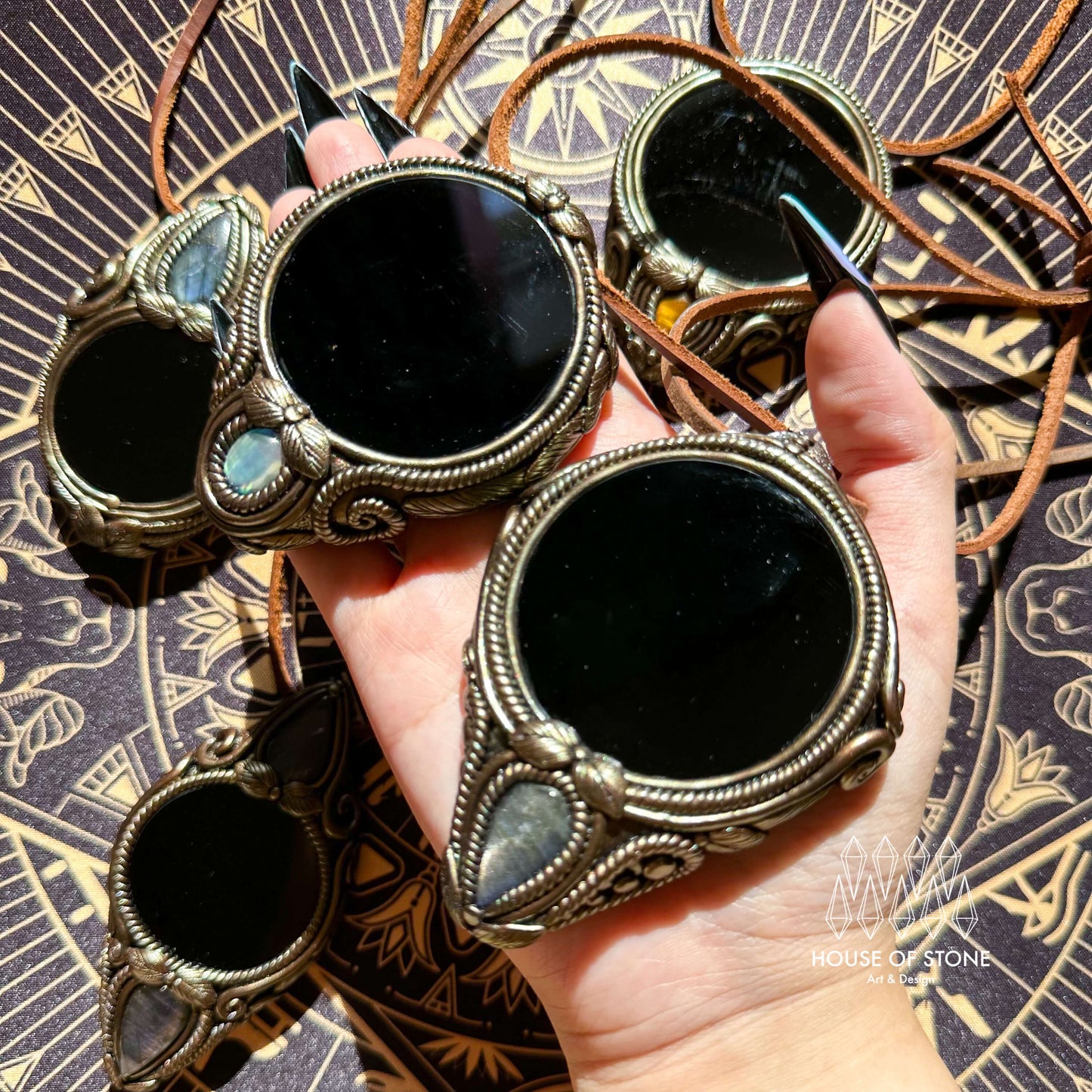 Natural Handmade Black Obsidian Pendant Necklace/Magic Obsidian Mirror Crystal Pendant/Scrying Mirror Abalone Shell Jewelry/Altar Tool