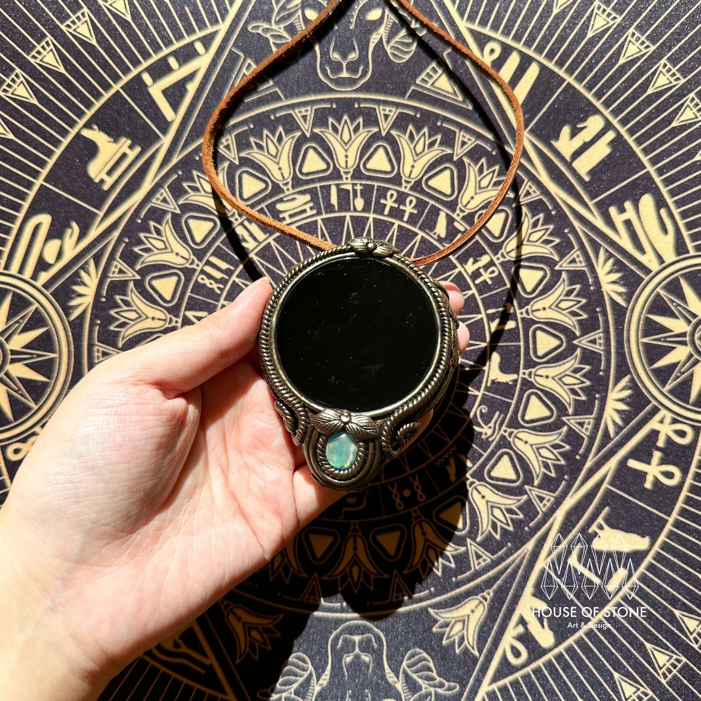 Natural Handmade Black Obsidian Pendant Necklace/Magic Obsidian Mirror Crystal Pendant/Scrying Mirror Abalone Shell Jewelry/Altar Tool