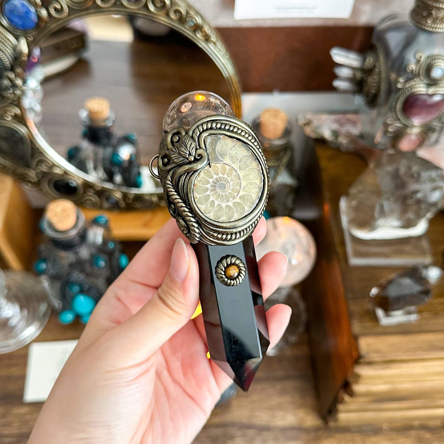 Handmade Natural Smoky Quartz Pendant Necklace/Magic Crystal Black Obsidian Pendant/Ammonite Necklace/Root Chakra/Manifest Altar Tool