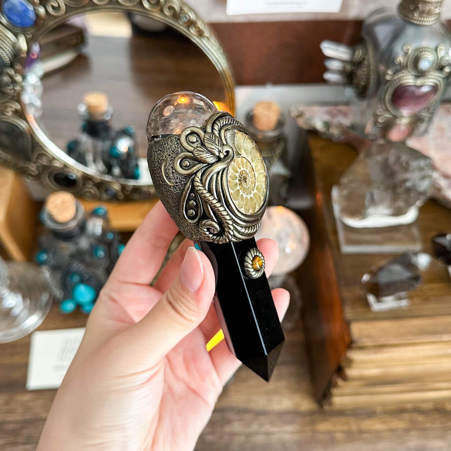 Handmade Natural Smoky Quartz Pendant Necklace/Magic Crystal Black Obsidian Pendant/Ammonite Necklace/Root Chakra/Manifest Altar Tool