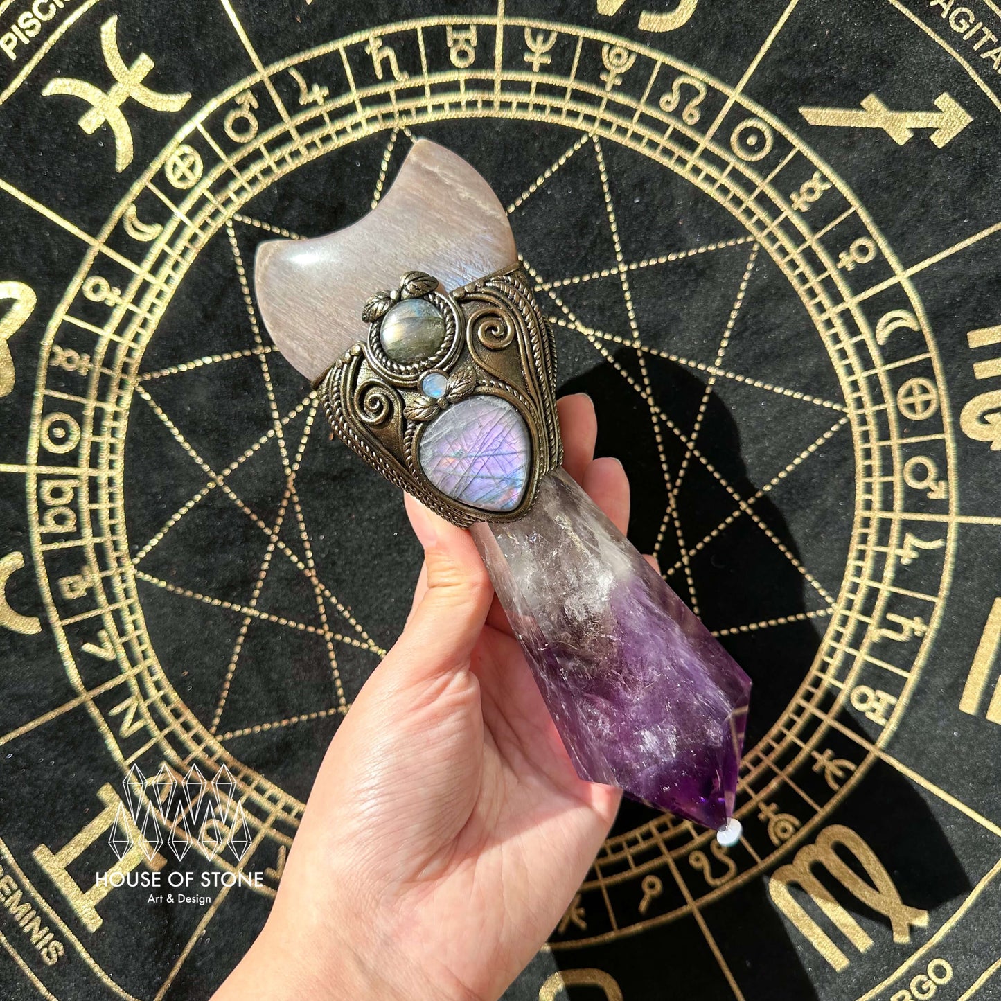 Natural Handmade Amethyst Crystal Quartz Wand/Magic Witch Crystal Wand/Moonstone Amethyst Labradorite Wand/Chakra/Manifest Altar Tool