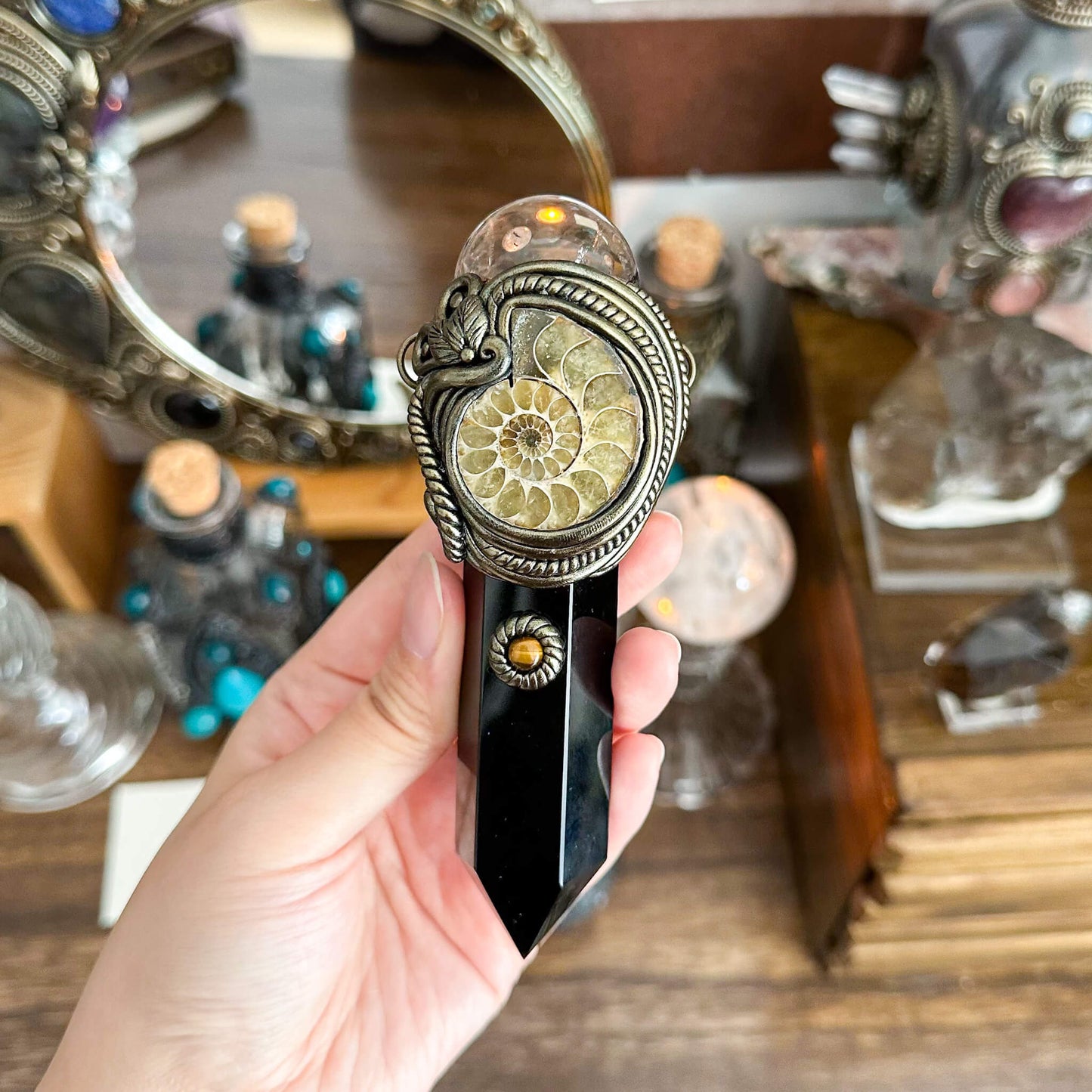 Handmade Natural Smoky Quartz Pendant Necklace/Magic Crystal Black Obsidian Pendant/Ammonite Necklace/Root Chakra/Manifest Altar Tool