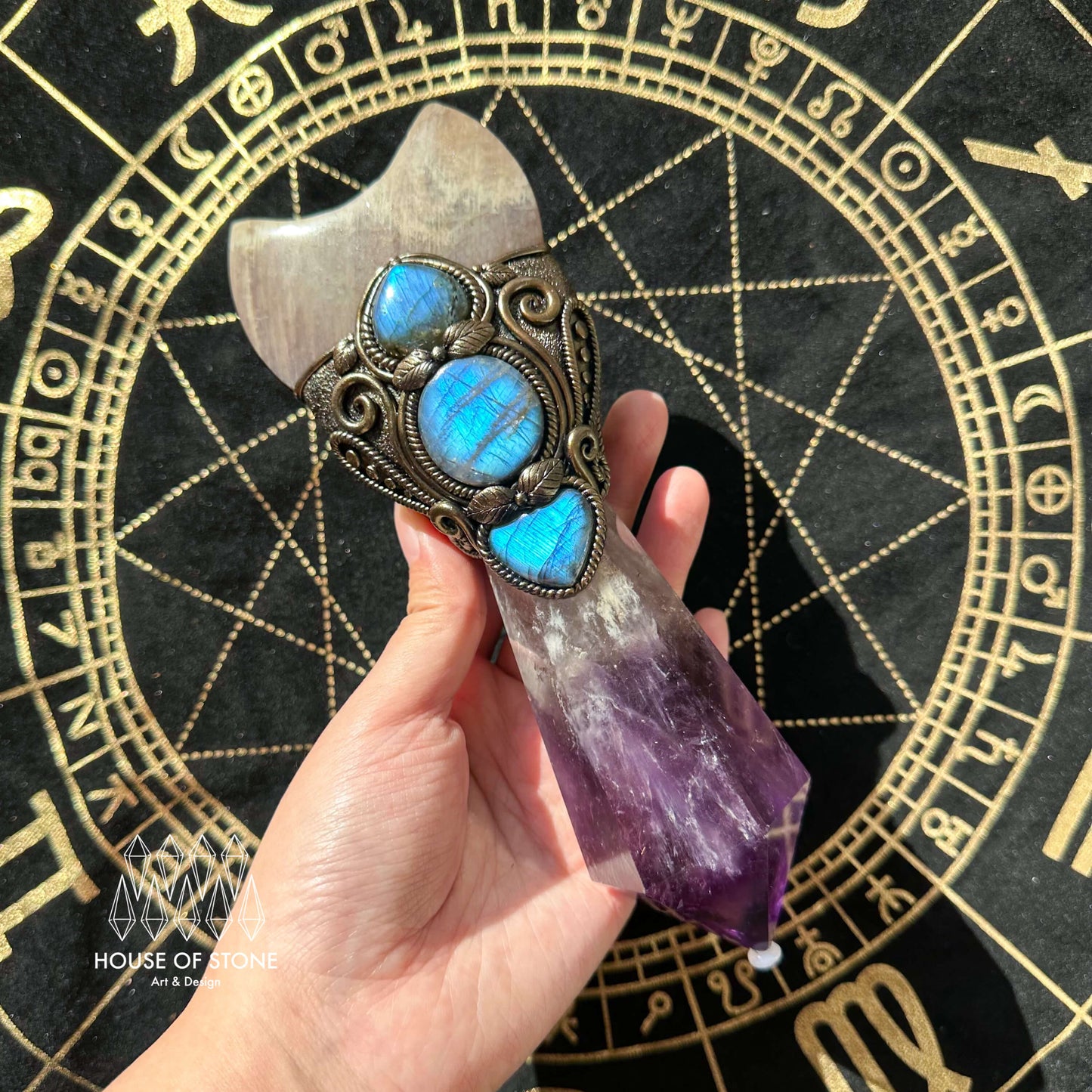 Natural Handmade Amethyst Crystal Quartz Wand/Magic Witch Crystal Wand/Moonstone Amethyst Labradorite Wand/Chakra/Manifest Altar Tool