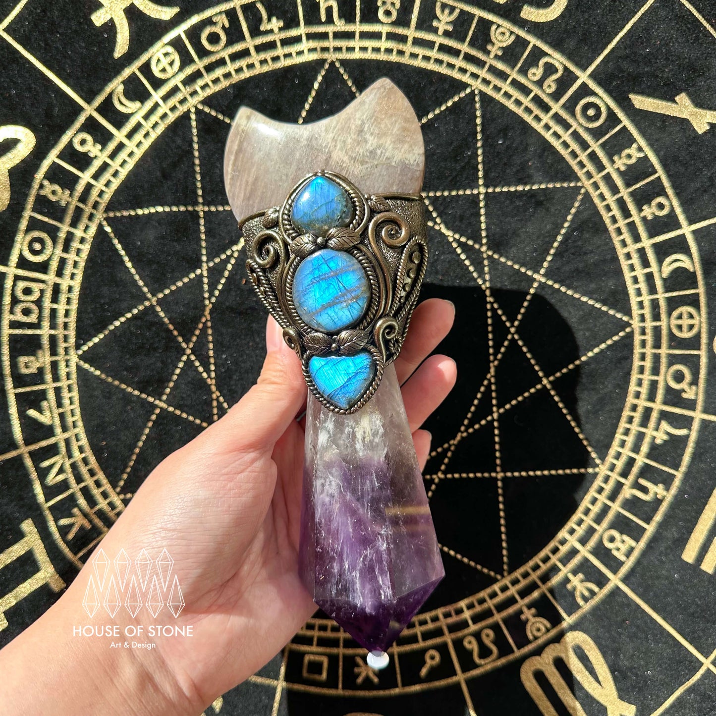 Natural Handmade Amethyst Crystal Quartz Wand/Magic Witch Crystal Wand/Moonstone Amethyst Labradorite Wand/Chakra/Manifest Altar Tool